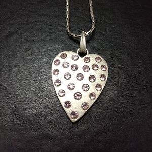 Silver tone pink rhinestone heart necklace